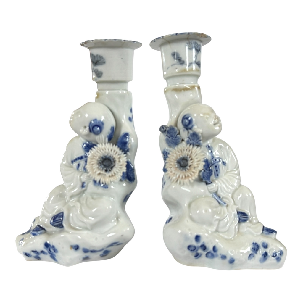 Antique Japanese Hirado Porcelain Figural Boy Candlestick Pair with Companion