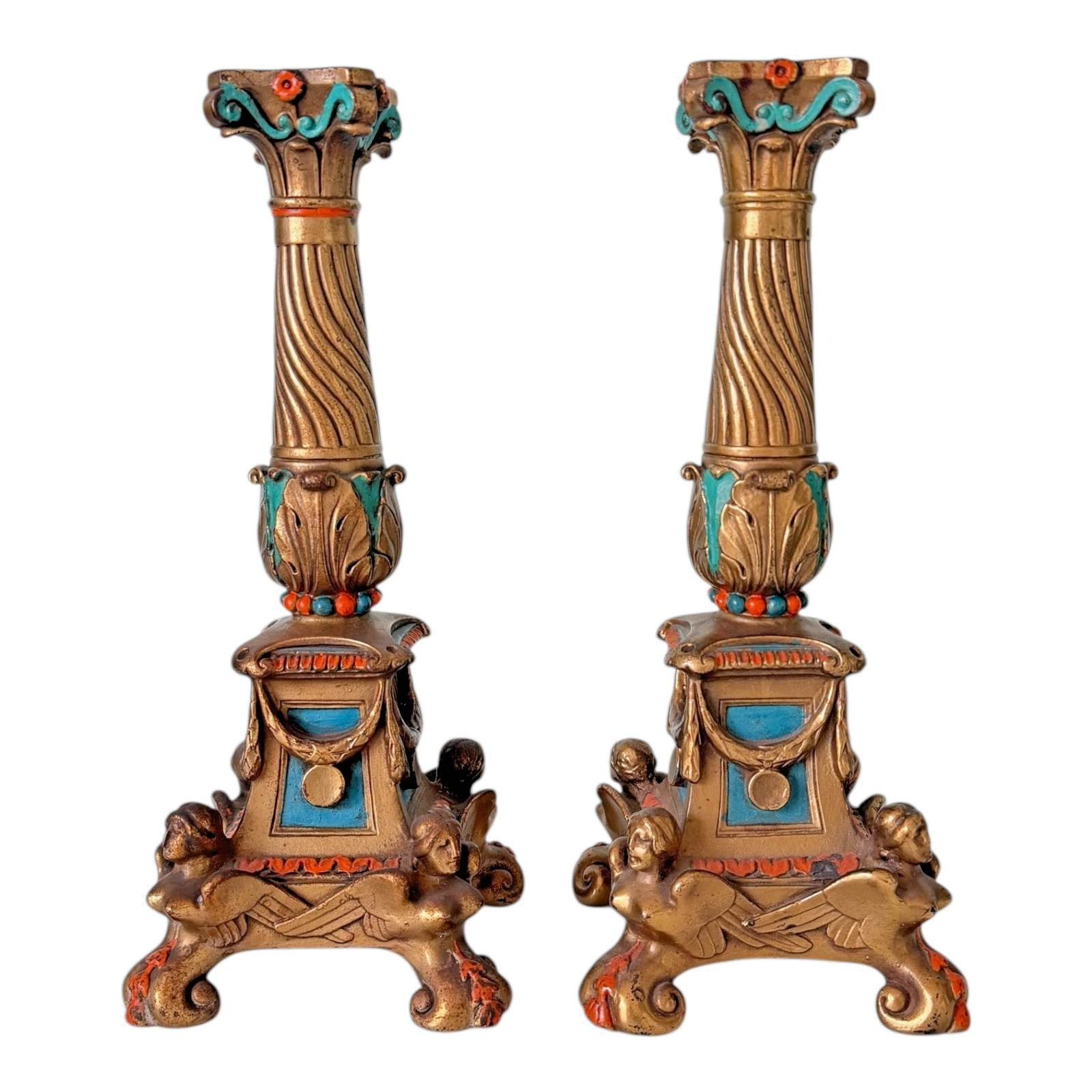 Antique Louis XVI Style Spelter Candlesticks with Figural Sphinx Bases