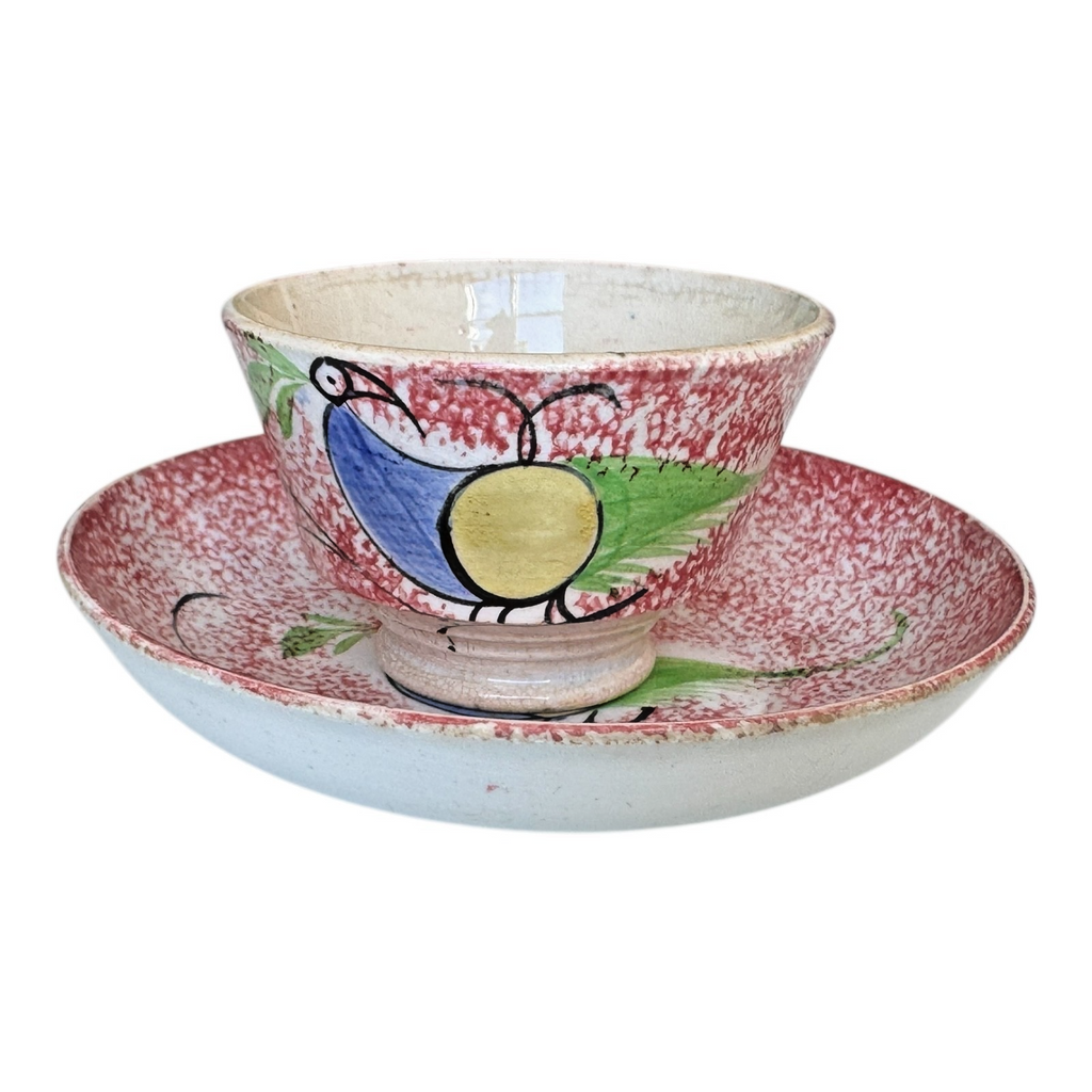 Antique Staffordshire Red Peafowl Spatterware Spongeware Miniature Cup & Saucer