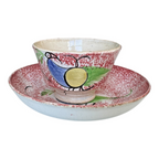 Antique Staffordshire Red Peafowl Spatterware Spongeware Miniature Cup & Saucer