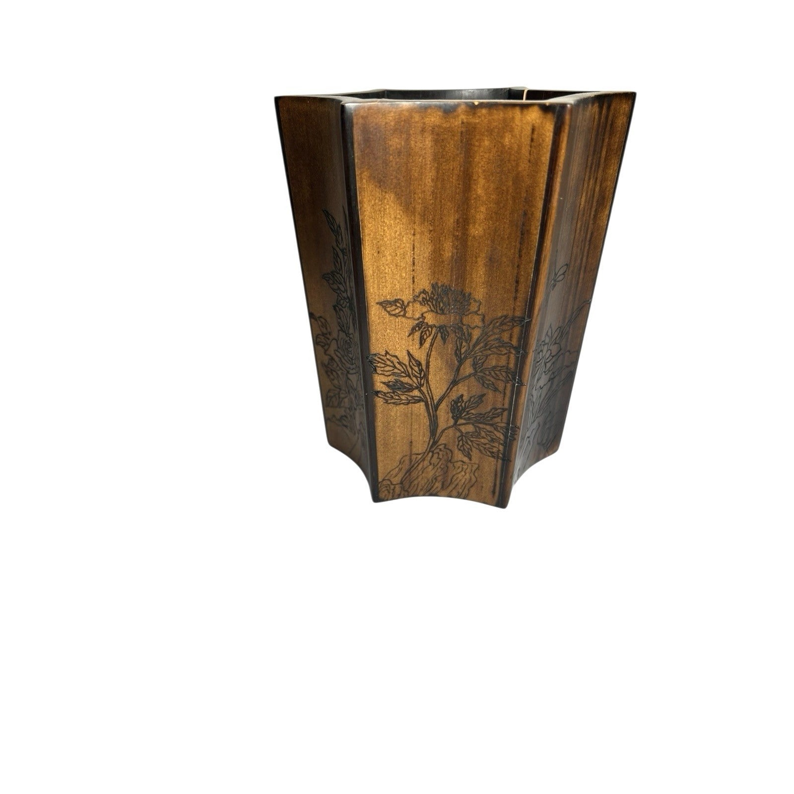 Vintage Chinese  Six Sided Carved Rosewood Brush Pot