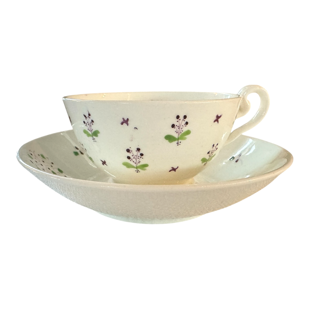 Antique Staffordshire Pearlware Purple and Green Floral Teacup & Saucer