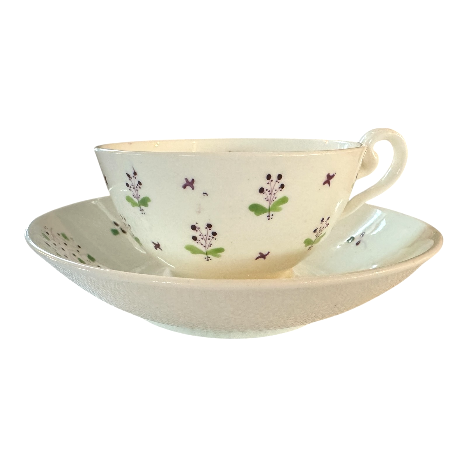 Antique Staffordshire Pearlware Purple and Green Floral Teacup & Saucer
