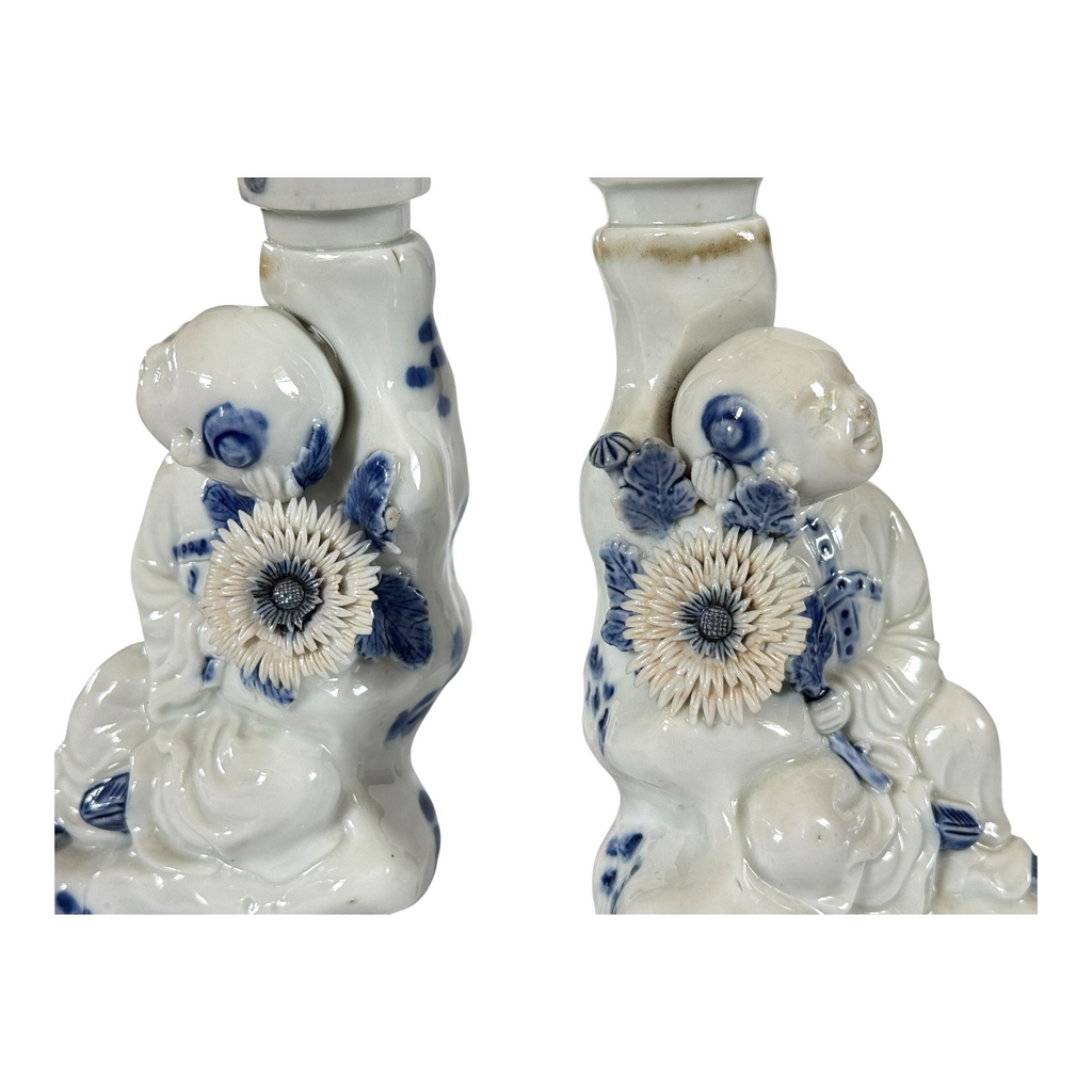 Antique Japanese Hirado Porcelain Figural Boy Candlestick Pair with Companion