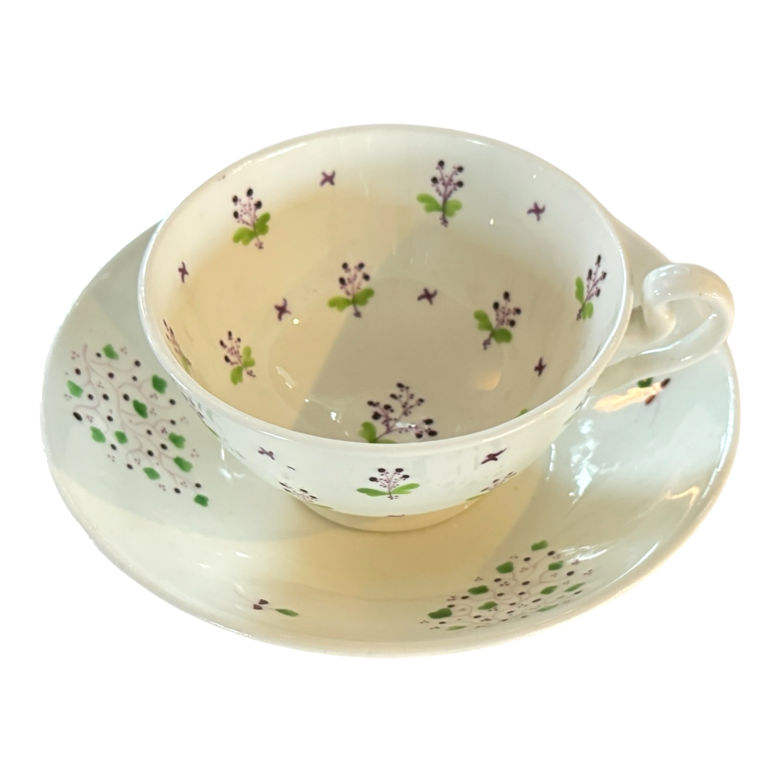Antique Staffordshire Pearlware Purple and Green Floral Teacup & Saucer