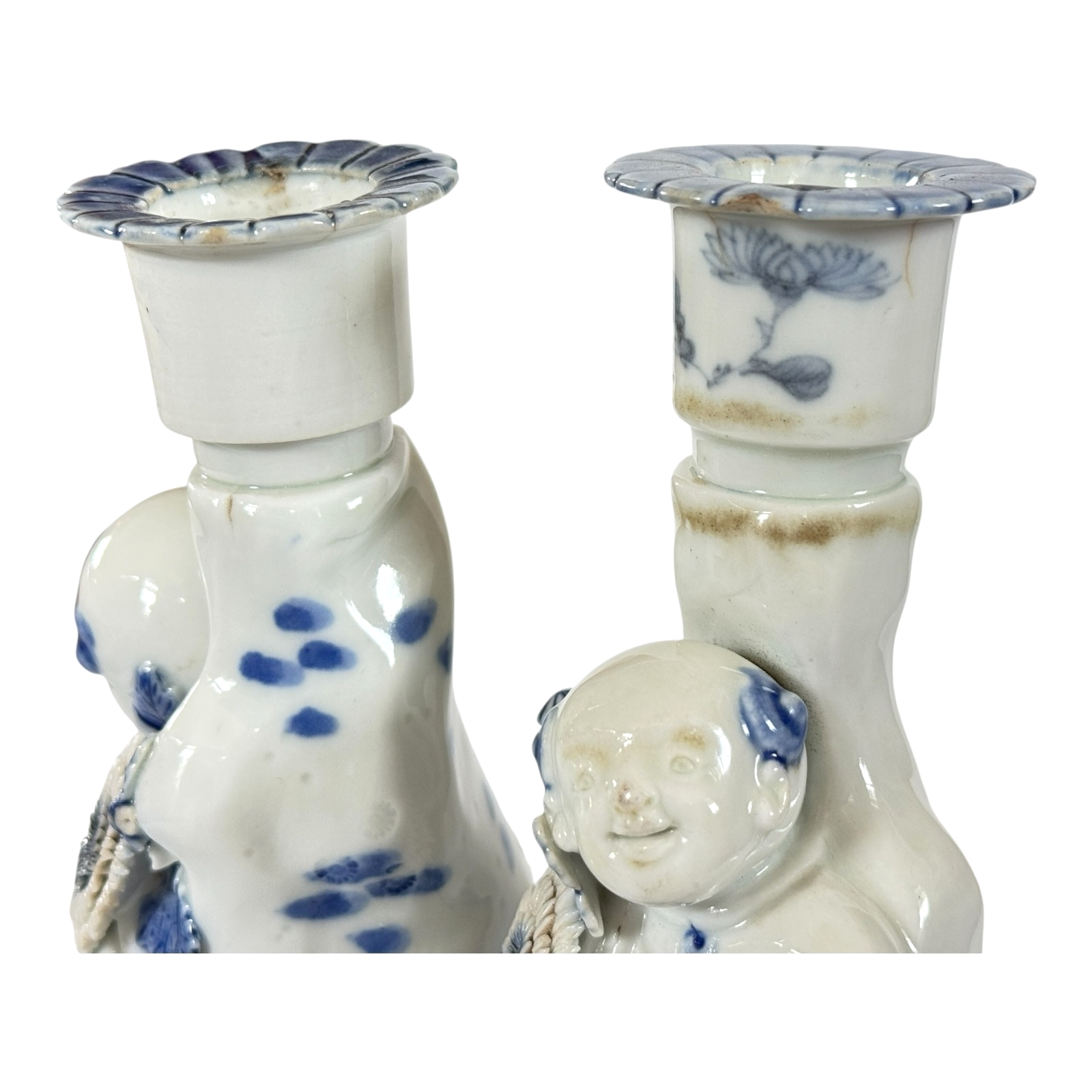 Antique Japanese Hirado Porcelain Figural Boy Candlestick Pair with Companion