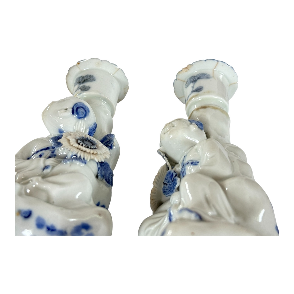 Antique Japanese Hirado Porcelain Figural Boy Candlestick Pair with Companion