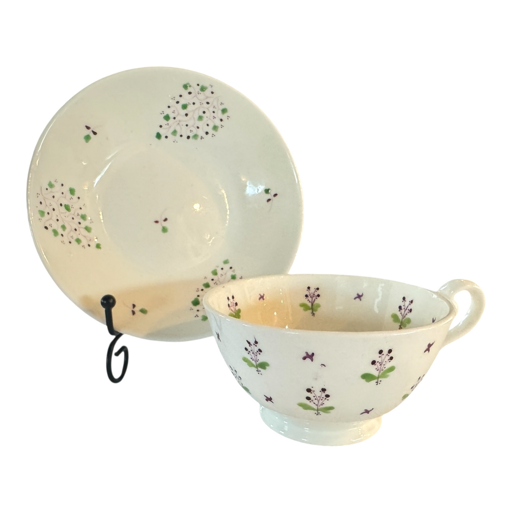 Antique Staffordshire Pearlware Purple and Green Floral Teacup & Saucer
