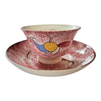 Antique Staffordshire Red Spatterware Spongeware Cup & Saucer - Peafowl Design