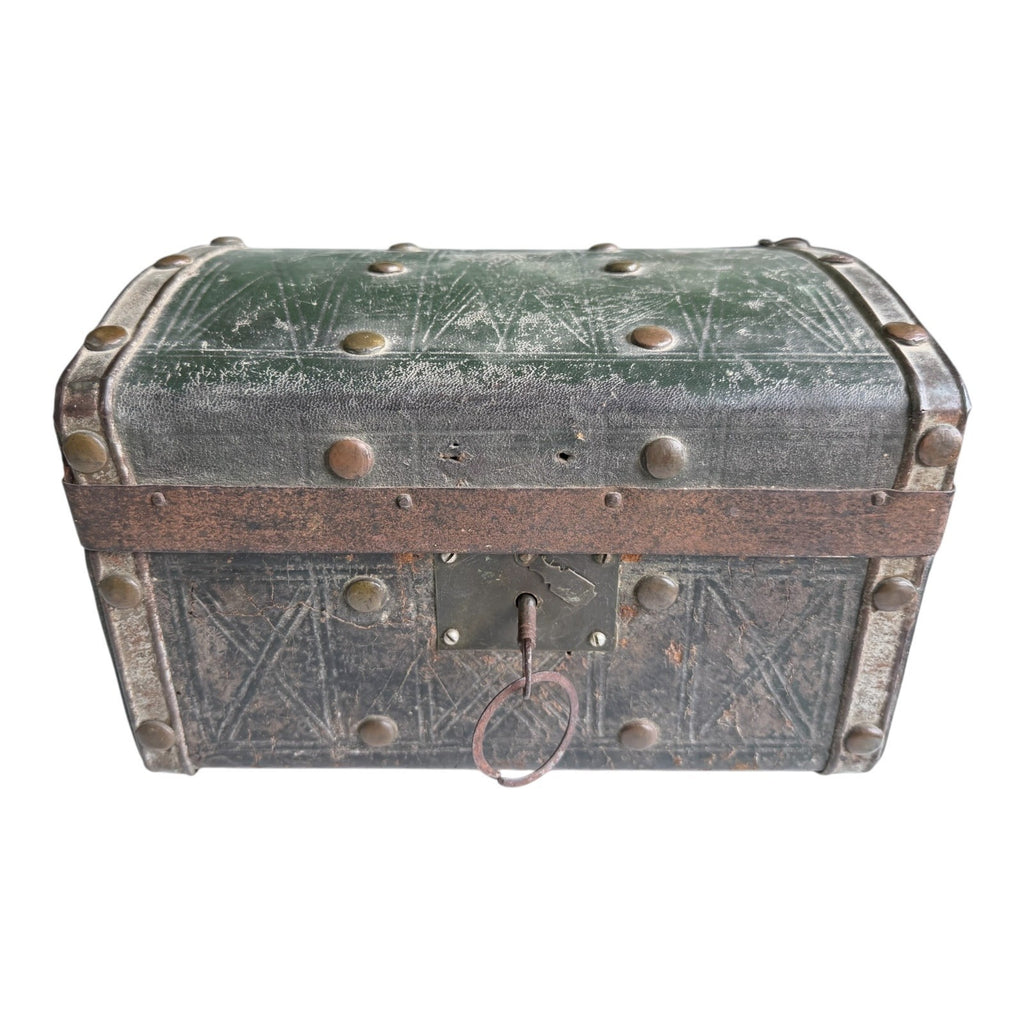 Antique American Green Leather Covered Lock Box Dome Top Chest