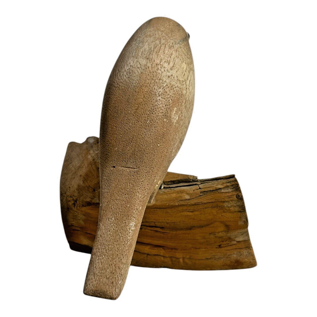 Vintage 1968 Hand Carved Wood Folk Art Bird on Stand - Signed