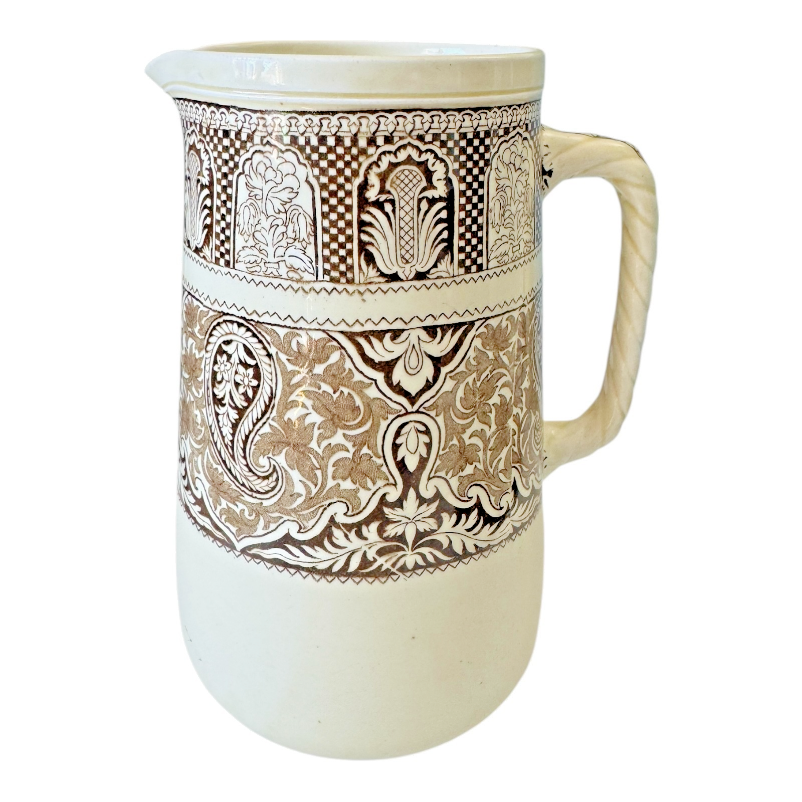 Antique Wedgwood Pottery Brown Transferware Pitcher - Rare Pattern