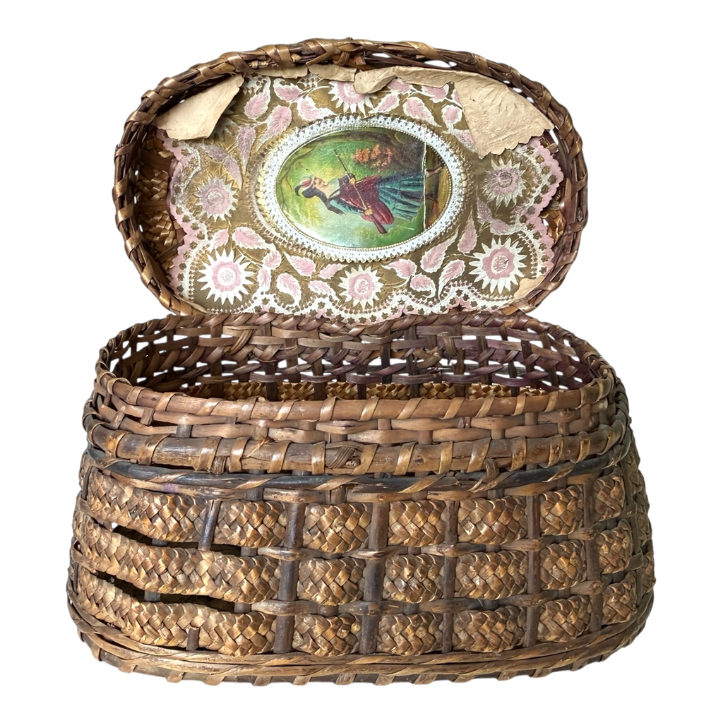Antique Victorian Primitive Woven Basket Hinged Sewing Box - Lithograph Interior
