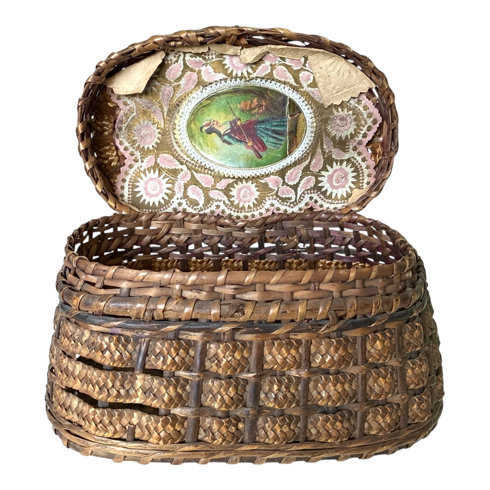 Antique Victorian Primitive Woven Basket Hinged Sewing Box - Lithograph Interior