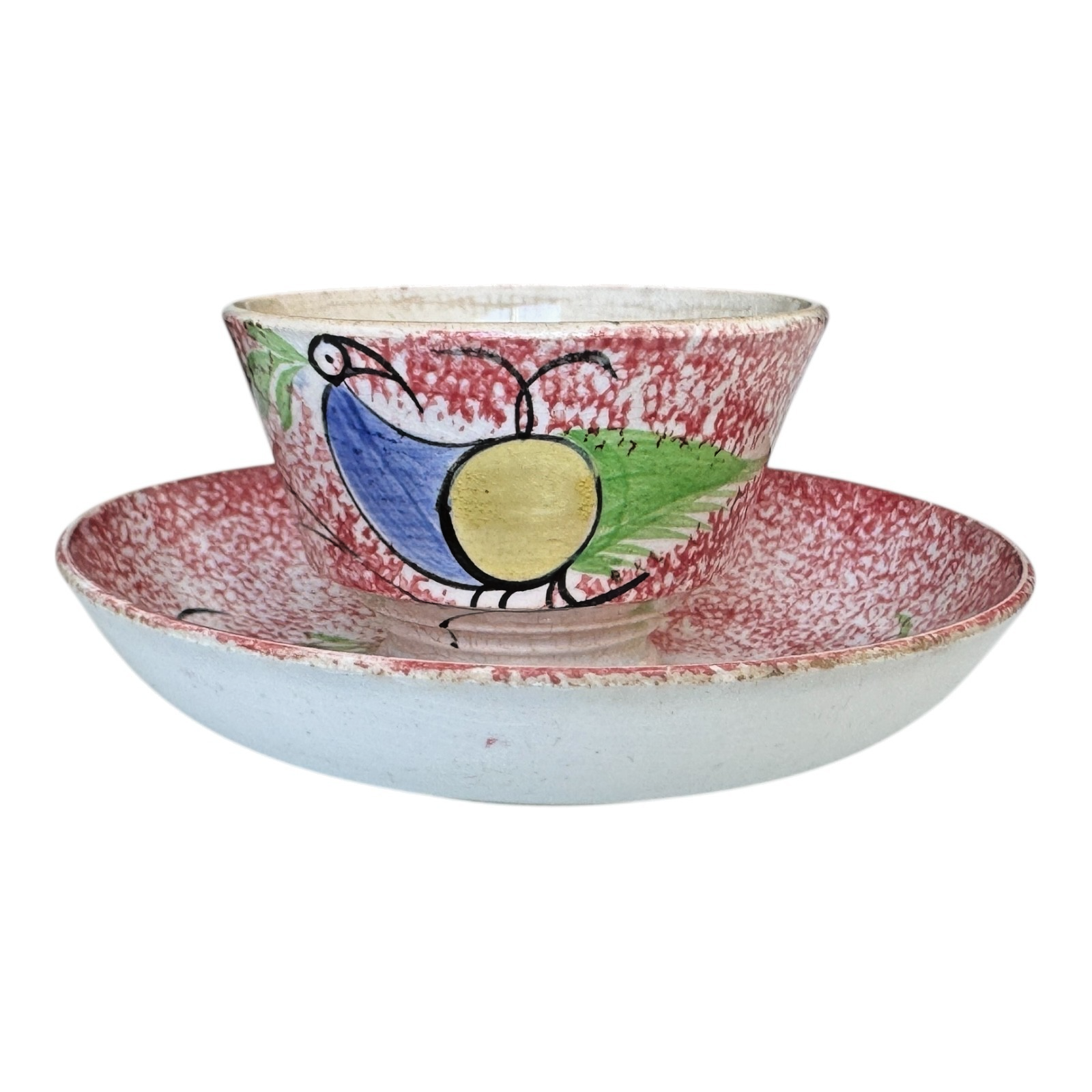Antique Staffordshire Red Peafowl Spatterware Spongeware Miniature Cup & Saucer