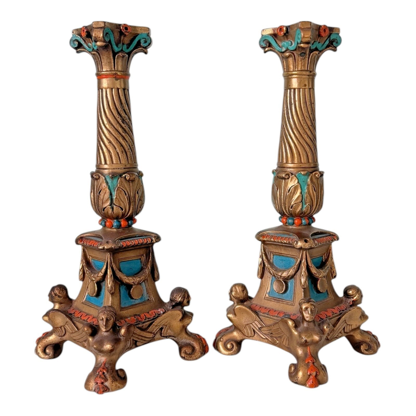 Antique Louis XVI Style Spelter Candlesticks with Figural Sphinx Bases