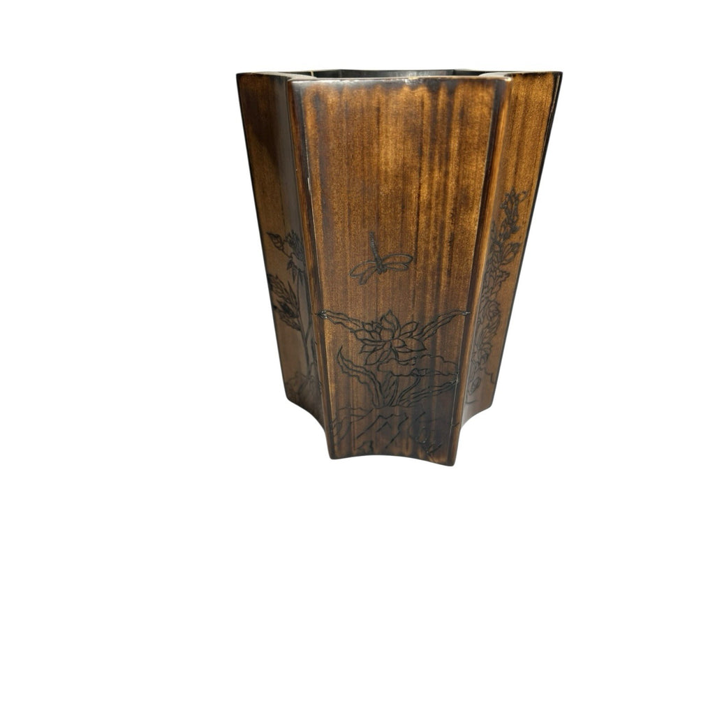 Vintage Chinese  Six Sided Carved Rosewood Brush Pot