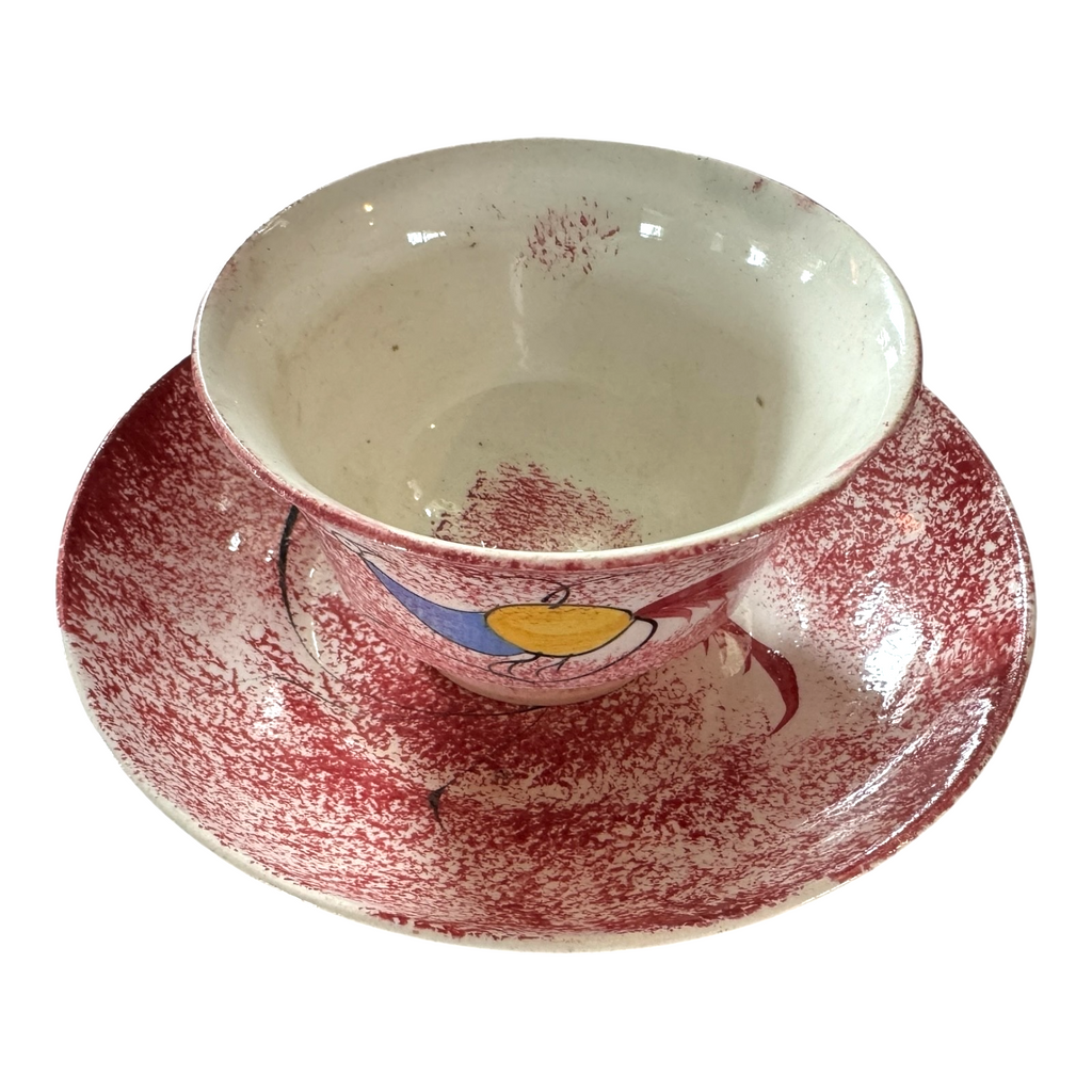 Antique Staffordshire Red Spatterware Spongeware Cup & Saucer - Peafowl Design