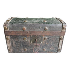 Antique American Green Leather Covered Lock Box Dome Top Chest