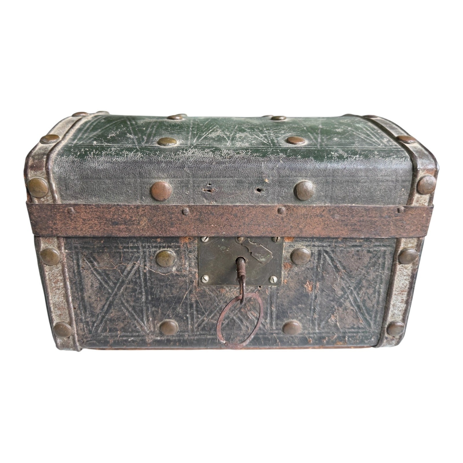 Antique American Green Leather Covered Lock Box Dome Top Chest