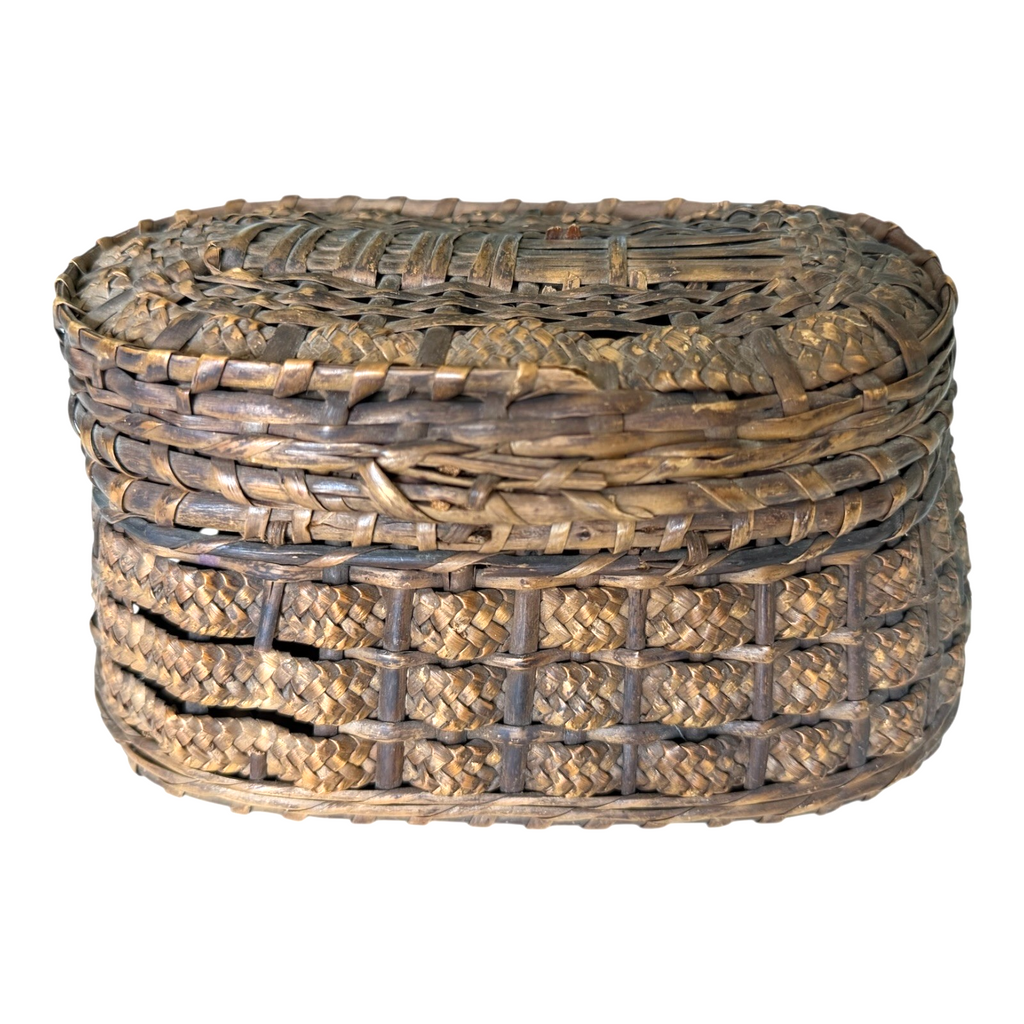 Antique Victorian Primitive Woven Basket Hinged Sewing Box - Lithograph Interior