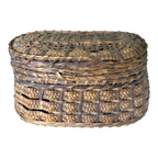 Antique Victorian Primitive Woven Basket Hinged Sewing Box - Lithograph Interior