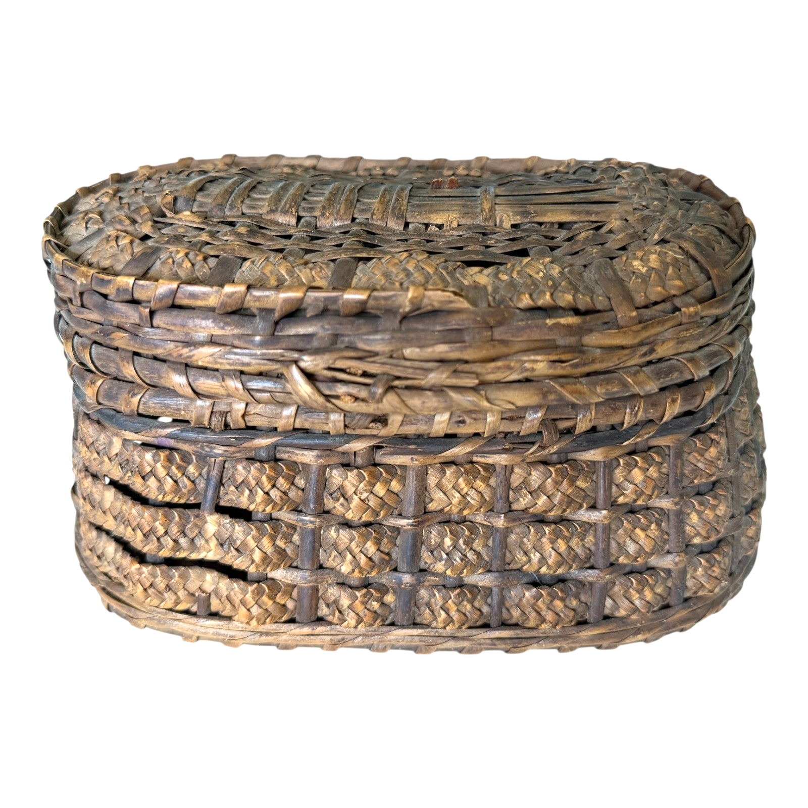 Antique Victorian Primitive Woven Basket Hinged Sewing Box - Lithograph Interior