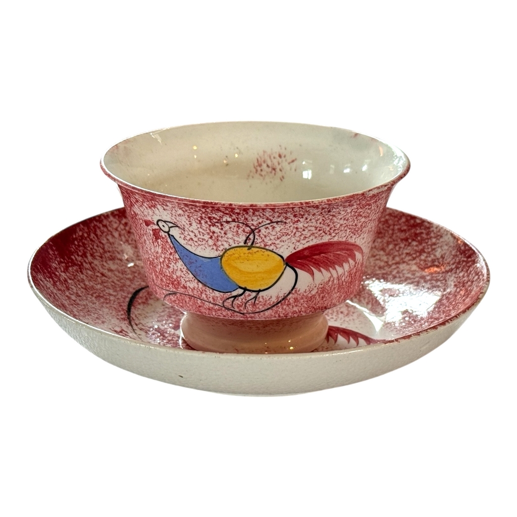 Antique Staffordshire Red Spatterware Spongeware Cup & Saucer - Peafowl Design