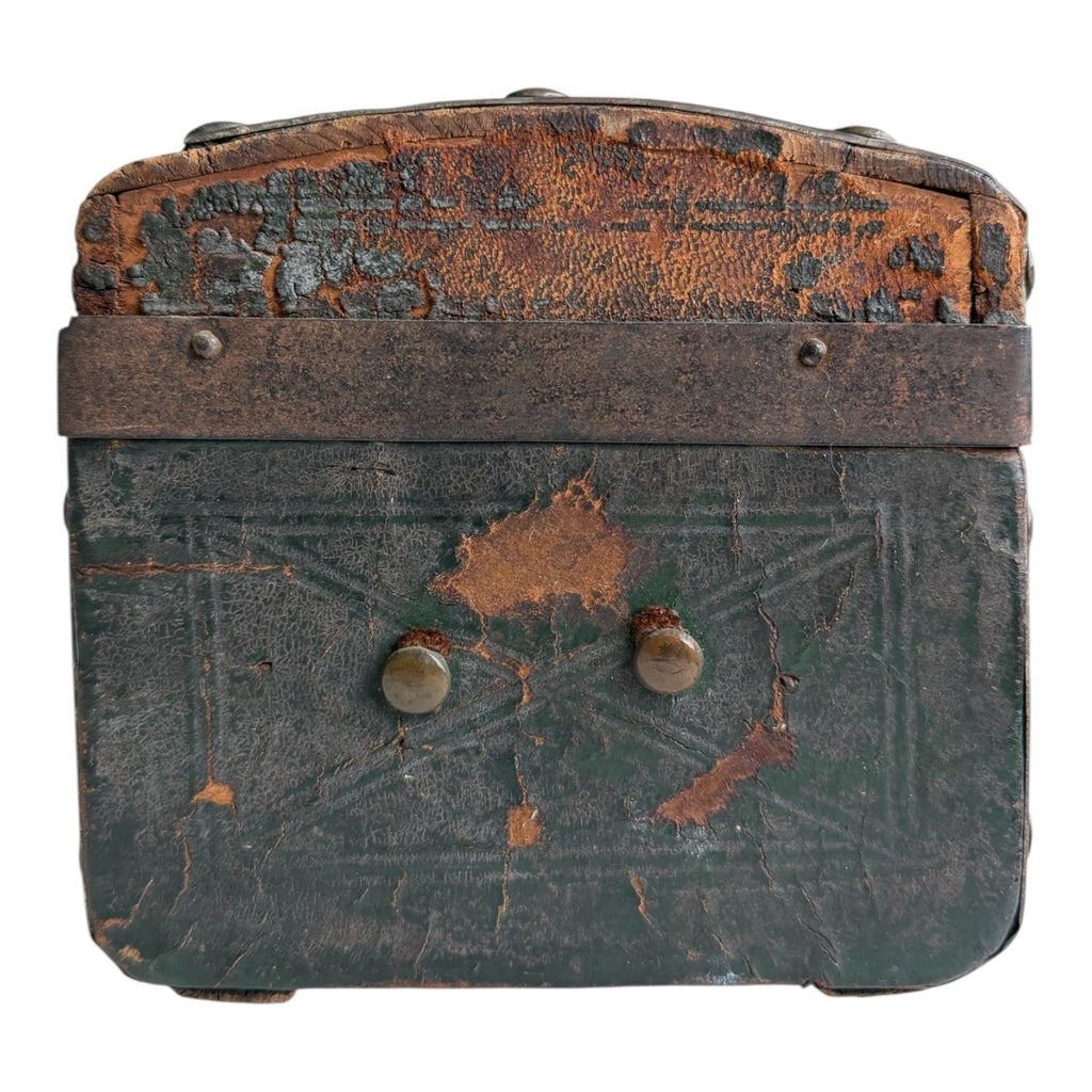 Antique American Green Leather Covered Lock Box Dome Top Chest