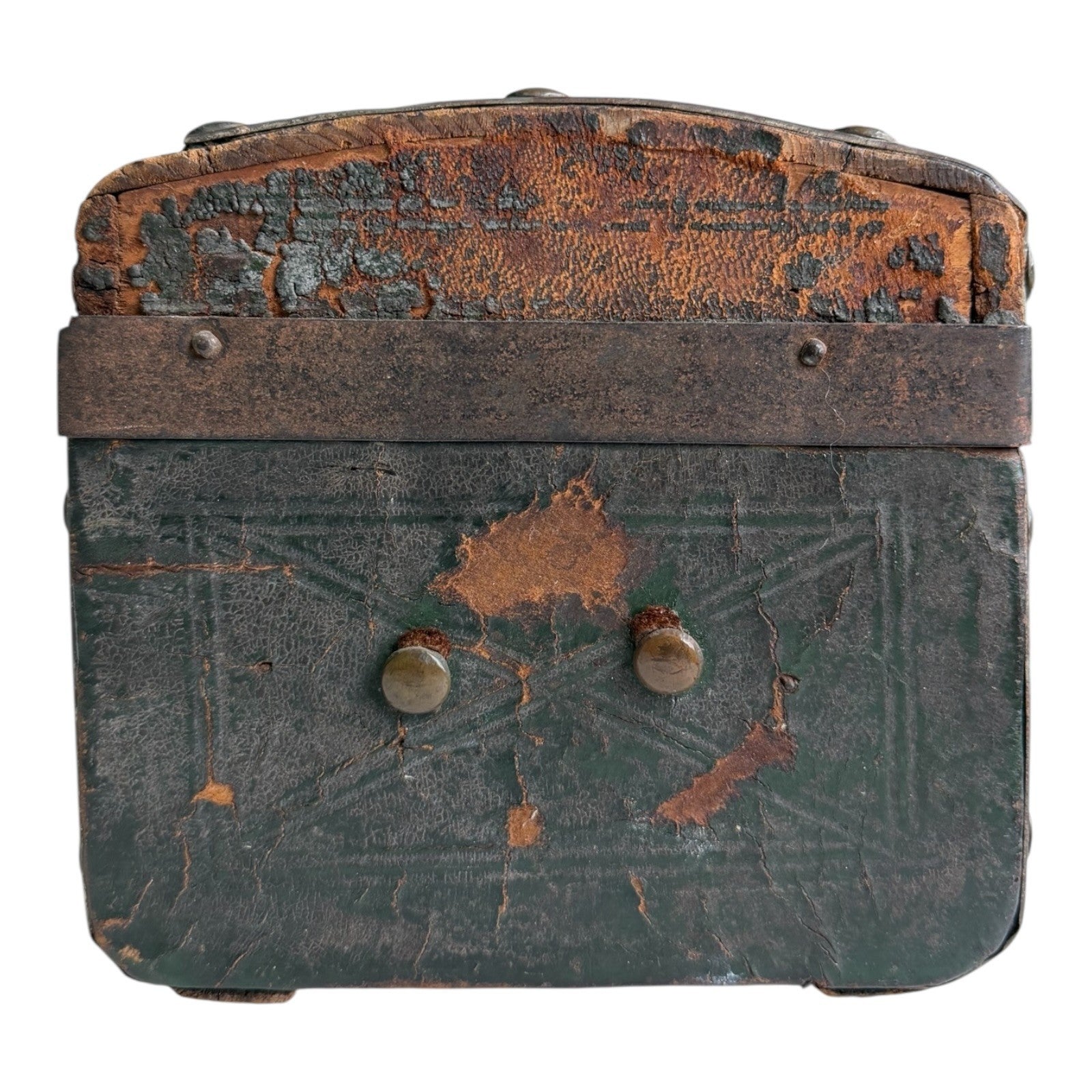 Antique American Green Leather Covered Lock Box Dome Top Chest