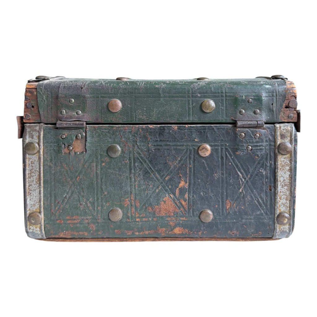 Antique American Green Leather Covered Lock Box Dome Top Chest