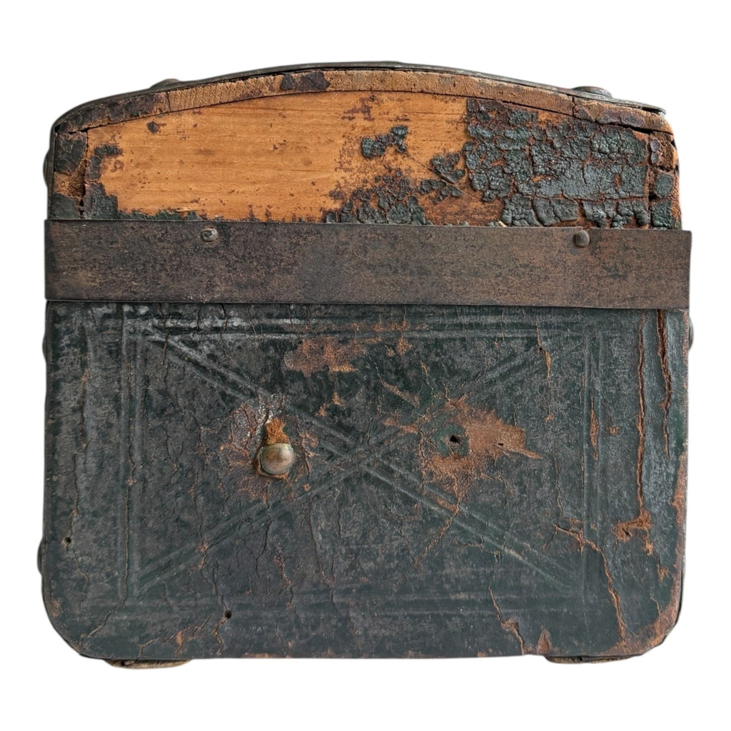 Antique American Green Leather Covered Lock Box Dome Top Chest