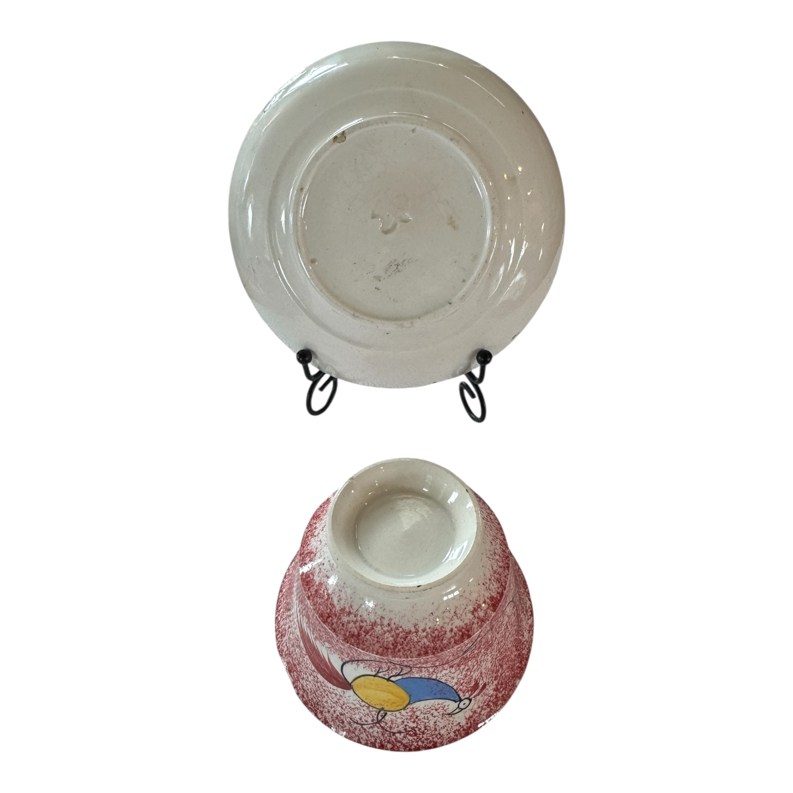 Antique Staffordshire Red Spatterware Spongeware Cup & Saucer - Peafowl Design