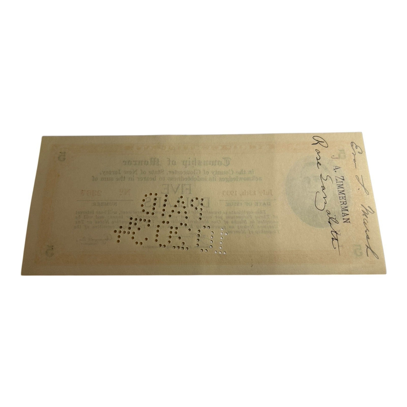 Antique County of Gloucester Township of Monroe 5 Dollar Depression Scrip 1933