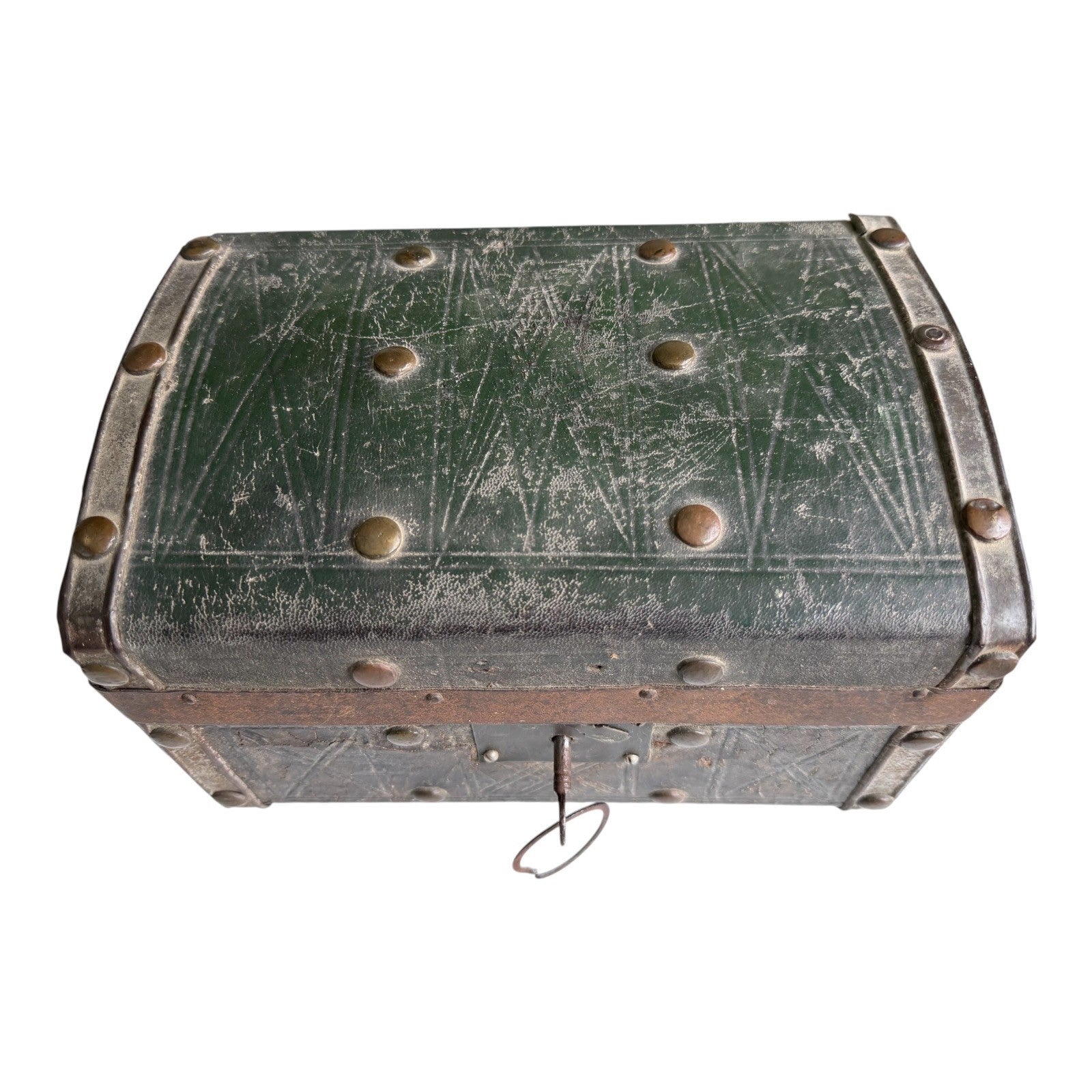 Antique American Green Leather Covered Lock Box Dome Top Chest