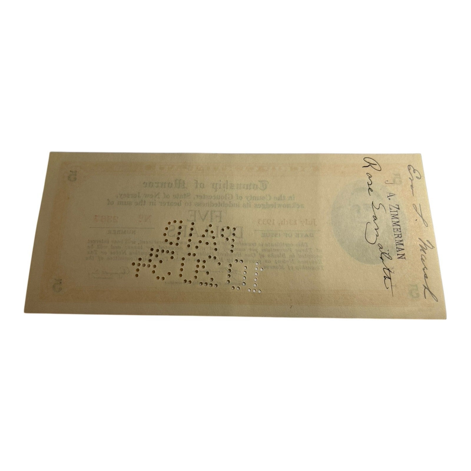 Antique County of Gloucester Township of Monroe 5 Dollar Depression Scrip 1933