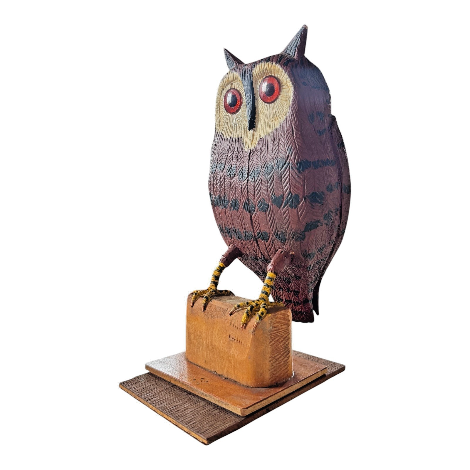 Vintage Carved Folk Art Wood Owl Sculpture Glass Eyes - Signed by Carl Scharver
