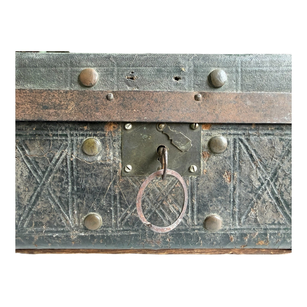 Antique American Green Leather Covered Lock Box Dome Top Chest
