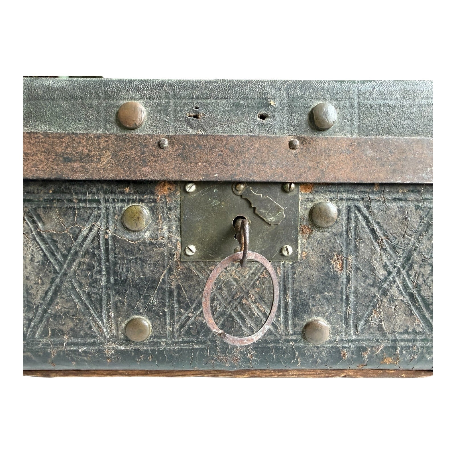 Antique American Green Leather Covered Lock Box Dome Top Chest