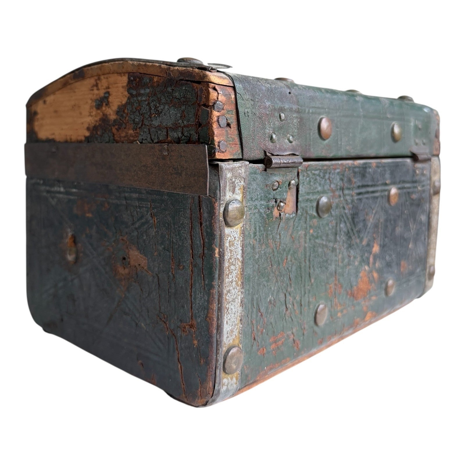 Antique American Green Leather Covered Lock Box Dome Top Chest