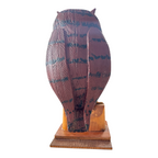 Vintage Carved Folk Art Wood Owl Sculpture Glass Eyes - Signed by Carl Scharver
