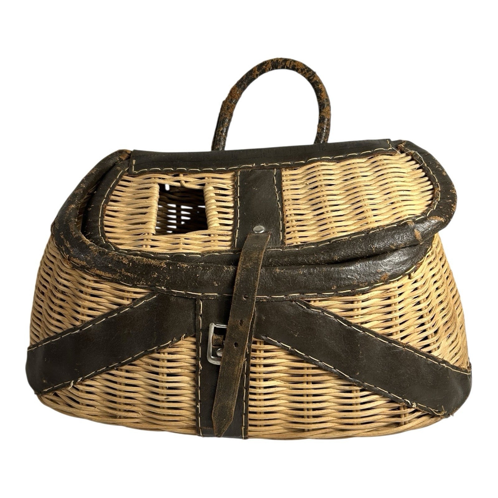 Vintage Leather and  Wicker Cabin Decor Fishing Creel