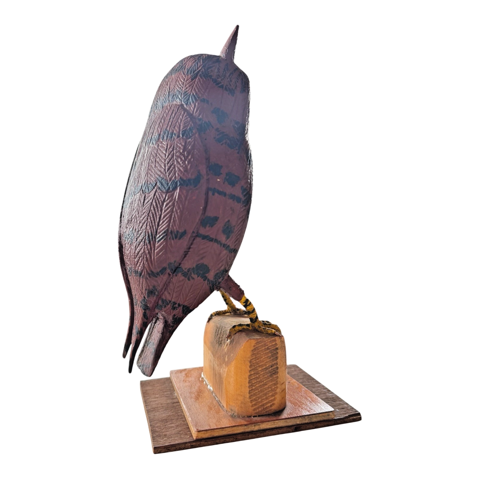Vintage Carved Folk Art Wood Owl Sculpture Glass Eyes - Signed by Carl Scharver