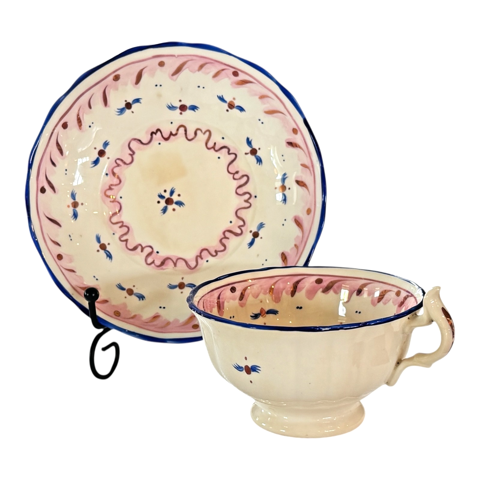 Antique Staffordshire Pink Lustre Lusterware Cup & Saucer - Blue Rim