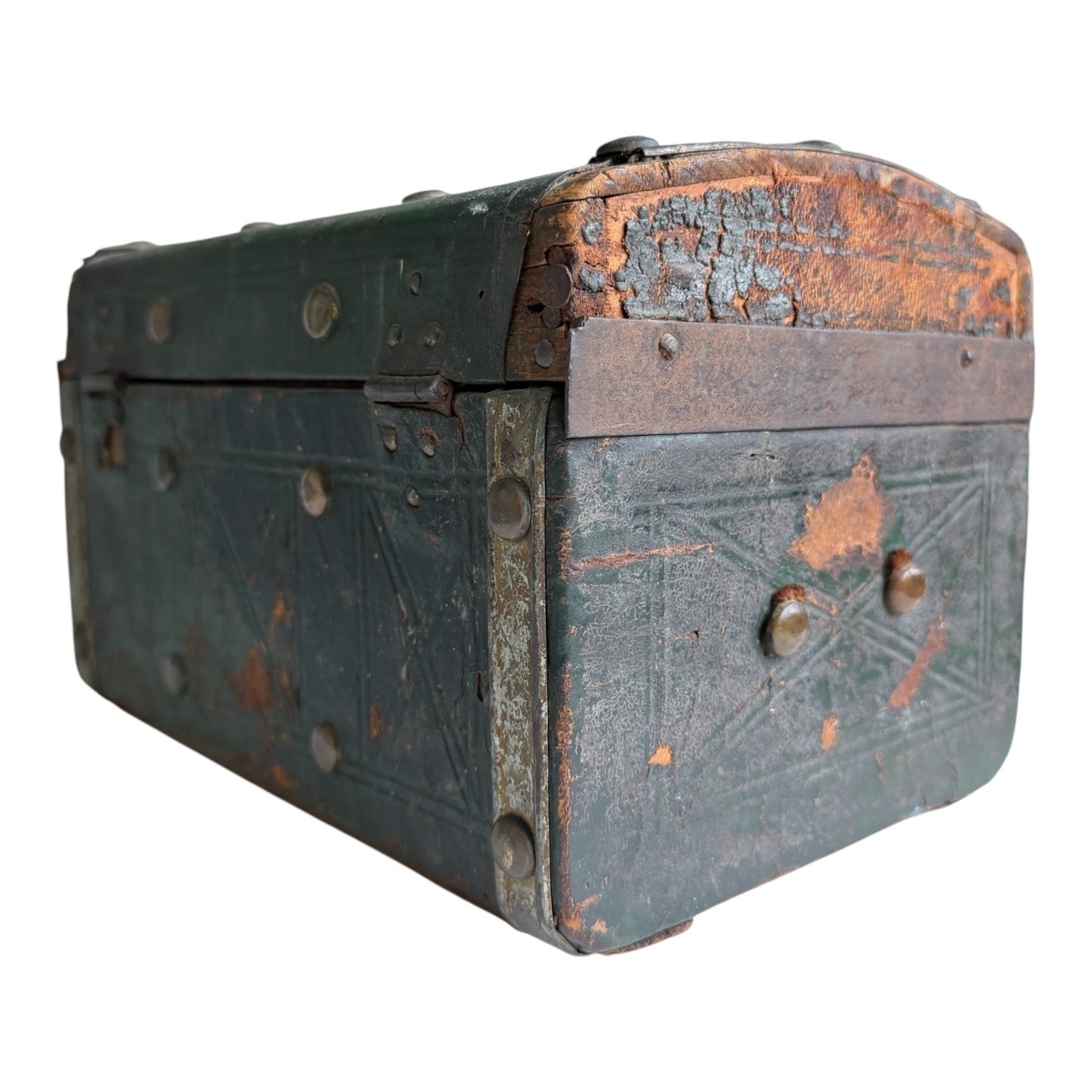 Antique American Green Leather Covered Lock Box Dome Top Chest