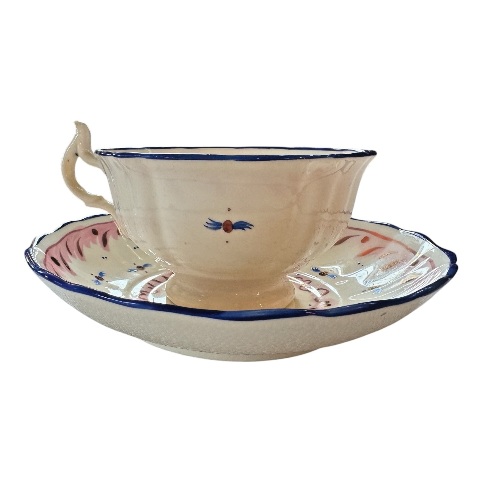 Antique Staffordshire Pink Lustre Lusterware Cup & Saucer - Blue Rim