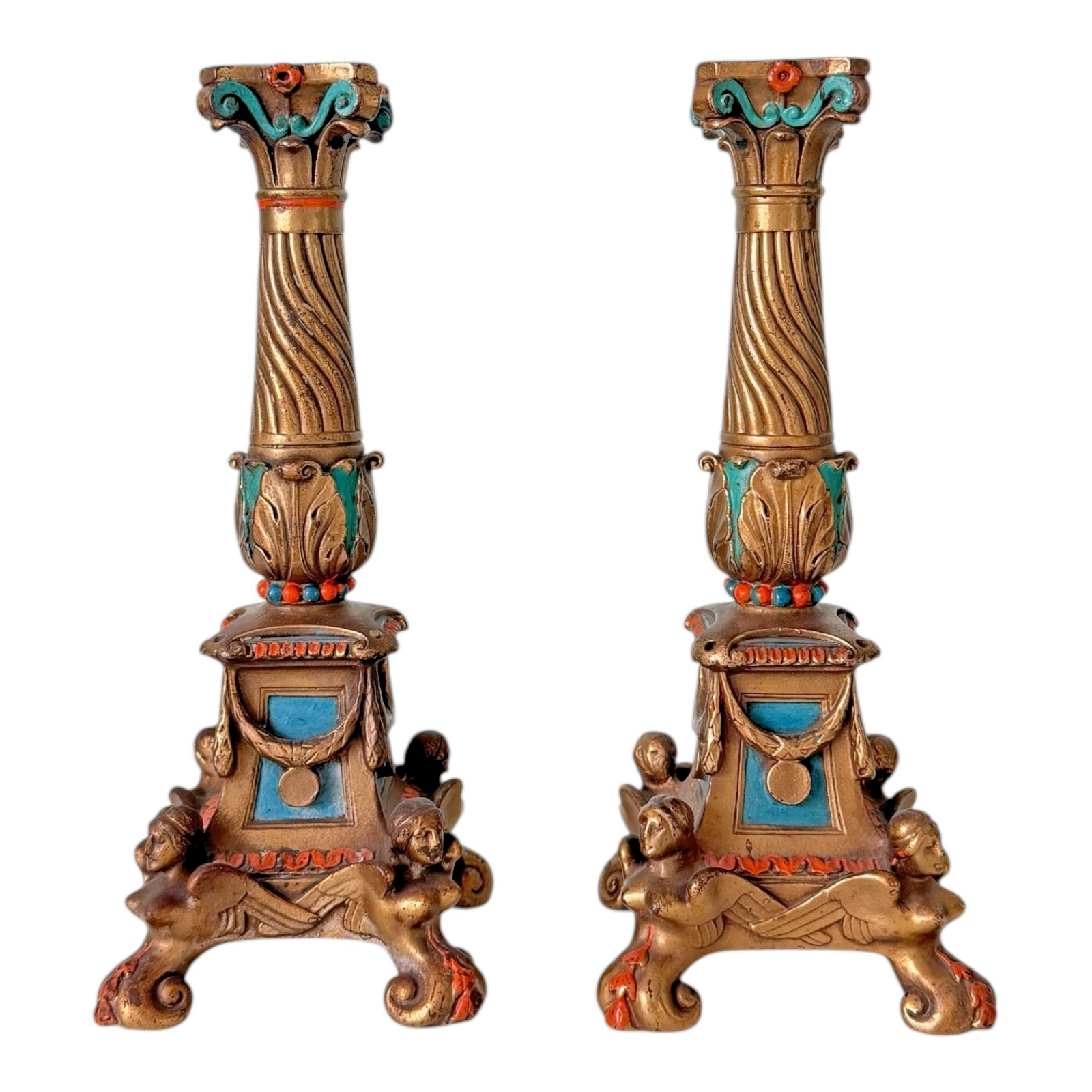 Antique Louis XVI Style Spelter Candlesticks with Figural Sphinx Bases
