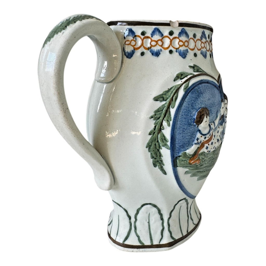 Antique Staffordshire Prattware Pearlware Jug Pitcher - Mischievous Sport Scene