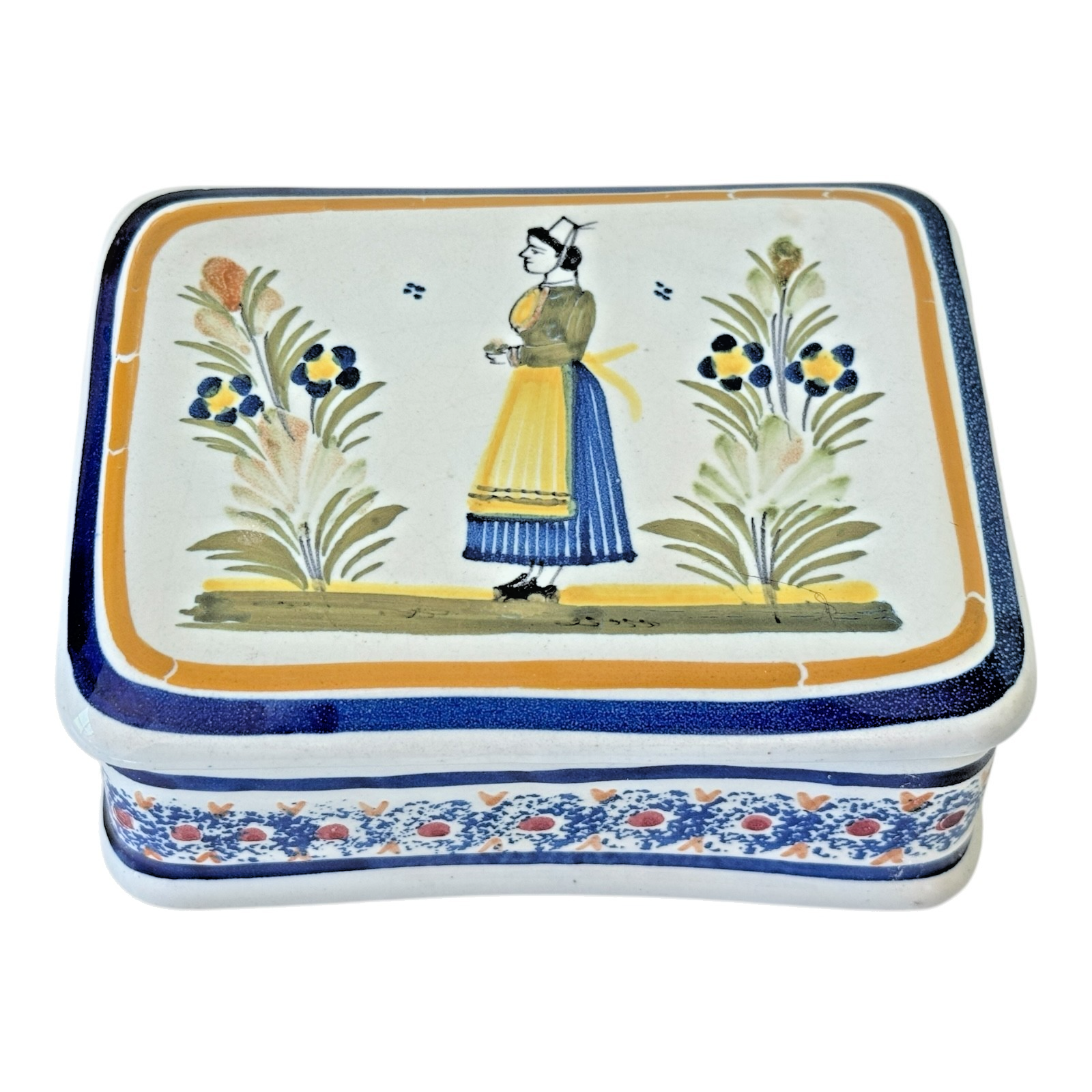 Vintage Henriot Quimper France Lidded Trinket Box with Breton Woman - Signed