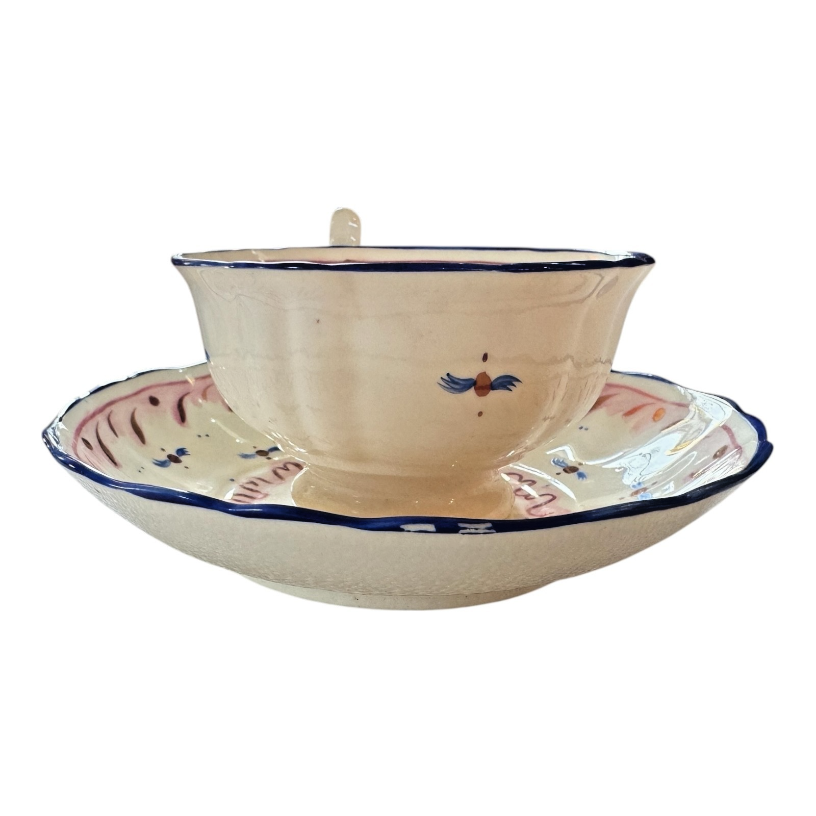 Antique Staffordshire Pink Lustre Lusterware Cup & Saucer - Blue Rim